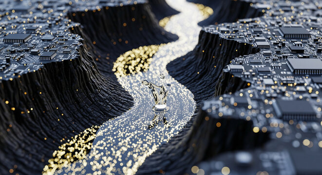 Digital River: A metaphorical depiction of a digital river winding through a sea of circuits, symbolizing the flow of data and technological advancement. - Powered by Adobe