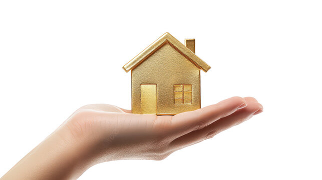 A person holding a shiny golden house model in their hand. symbolizing real estate investment and home ownership. with a clean white background emphasizing the subject
