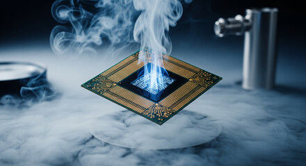 Technological Marvel: A computer processor, illuminated with a blue glow and engulfed in vapor, symbolizing the intense power and innovation within the technology sector.