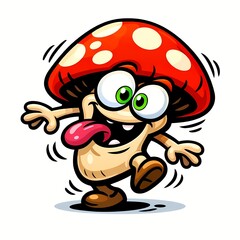 A wacky and energetic cartoon mushroom character with a red spotted cap dancing on a white background.