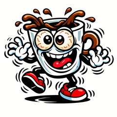 A hyperactive cartoon coffee mug character with bloodshot eyes and splashing liquid on a white background.