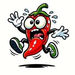 A vibrant cartoon illustration of a panicked red chili pepper running and sweating on a white background.