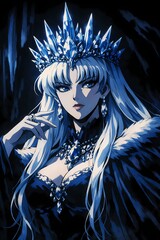 A majestic ice queen with a crystal crown and blue hair stares forward in a classic retro anime art style.