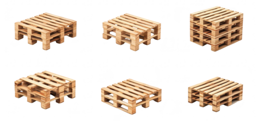 A collection of various wooden pallets arranged in different orientations. their structure and design. ideal for storage solutions or industrial applications