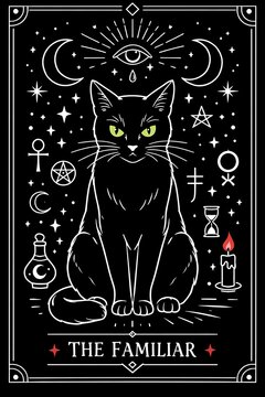 A mystical tarot card illustration titled The Familiar featuring a black cat with glowing green eyes.
