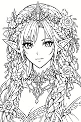 A beautiful elf princess with intricate braided hair and a floral crown in a detailed anime line art style.