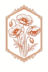 A vintage botanical illustration of blooming poppies enclosed within an ornate hexagonal frame.