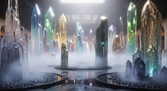 Mystical Crystal Chamber with Ethereal Glow and Central Figure.