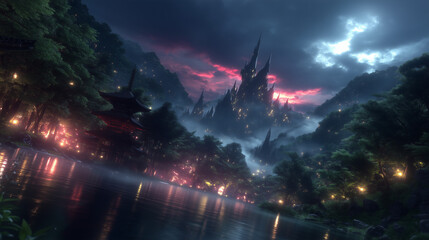 Obraz premium Fantasy night landscape of a japanese pagoda by a lake with a sharp gothic castle in the background under a cloudy red and blue sky (赤と青の曇り空の下、鋭利なゴシック様式の城を背景にした湖畔の日本の塔を描いたファンタジー夜景)