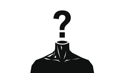 A striking black silhouette depicts a human figure with a question mark replacing the head symbolizing uncertainty and inquiry high quality