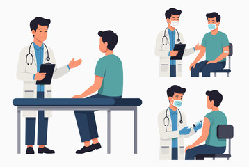 Doctor Consults Male Patient and Administers Vaccination in a Clinic