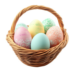 A wicker basket filled with colorful decorated Easter eggs. pastel hues and playful patterns. set against a clean white background. perfect for spring-themed celebrations or seasonal marketing