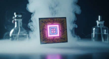 Mysterious Core: A technological marvel, shrouded in ethereal vapor, showcases a futuristic processor core in a science lab, hinting at innovation and the power of technology.