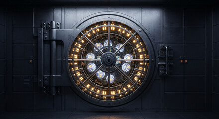 Fototapeta premium Fort Knox: A close-up shot of a massive, heavily fortified vault door, its intricate locking mechanism and imposing presence exuding an aura of security and financial strength. 