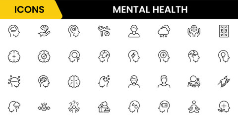 Mental health line icon set. Anxiety, stress, psychology, brain, etc, symbols  collection Vector illustration