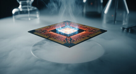 Digital Core: A close-up view unveils a high-tech microchip, its central core emanating radiant light, suspended amidst wisps of ethereal vapor, suggesting advanced technological prowess.