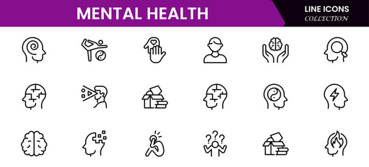 Mental health line icon set. Anxiety, stress, psychology, brain, etc, symbols  collection Vector illustration
