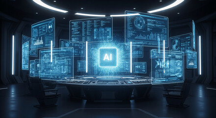AI Tech Room: A futuristic command center with multiple glowing screens displaying complex data sets, centered around an AI core, symbolizes technological advancement.