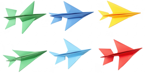 A arrangement of six colorful paper airplanes in green. blue. yellow. and red. displayed on a clean white background. symbolizing creativity and playfulness in design