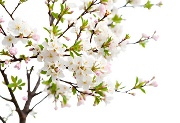  Plum blossom tree isolated on white background, white and pink flowers, fine branches.