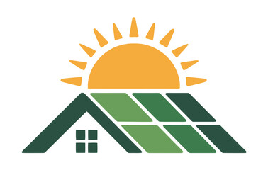 A stylized logo depicts a house with solar panels beneath a rising sun.