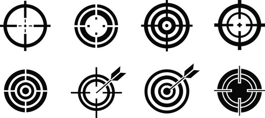 Collection of black target sights with arrow ideal for design on transparent background silhouette