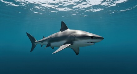 Naklejka premium Majestic shark gracefully swimming in the deep blue ocean waters.