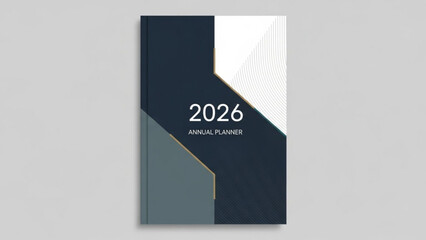 Dark blue and grey 2026 annual planner with gold accents on a light grey background for business and organization
