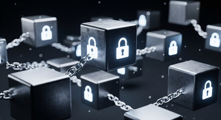 Secure Digital Network: A visual depiction of digital security, showcasing interconnected blocks linked by a chain, each emblazoned with a lock symbol, representing the secure network infrastructure.