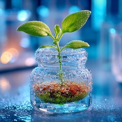 Small plant growing in a wet glass jar with water droplets on a blue surface