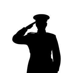A silhouette of a person in a military uniform salutes.