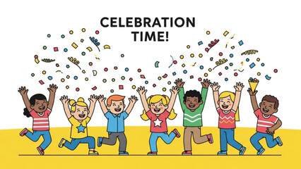 Diverse group of happy children celebrating with confetti and raised hands in joyful festive atmosphere with yellow background