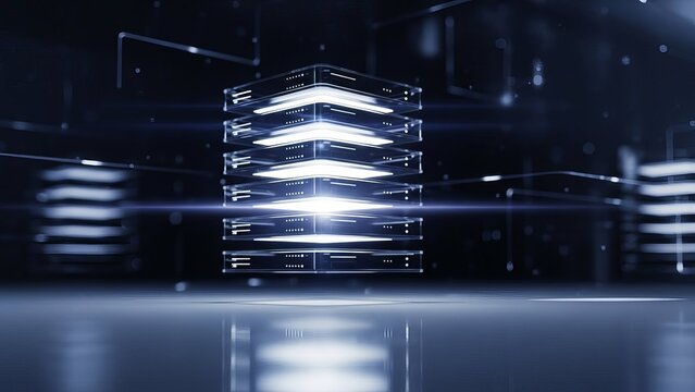 Floating digital server stack with glowing data layers in dark tech environment