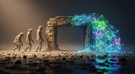 Evolution to Future: The imagery captures the essence of humankind's journey through the gateway of knowledge, representing the transition from ancient roots to the advanced technological world