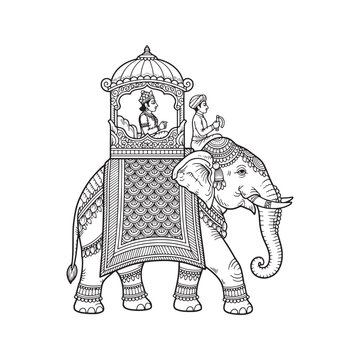 Traditional Indian decorated elephant with king in howdah. Royal procession line art drawing. Black and white vector illustration for coloring book.
