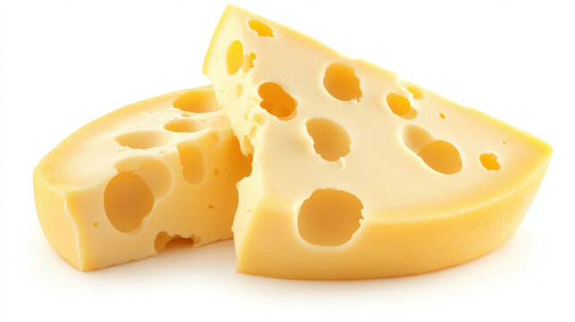 Two pieces of delicious swiss cheese with holes on a white background