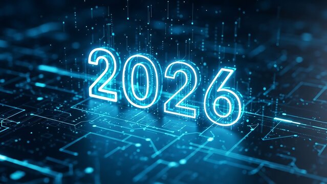 Futuristic illustration of 2026 with glowing numbers and elements of digital technology, data network and future innovation concept for business, AI and modern technology. - Powered by Adobe