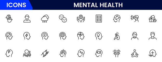 Mental health line icon set. Anxiety, stress, psychology, brain, etc, symbols  collection Vector illustration