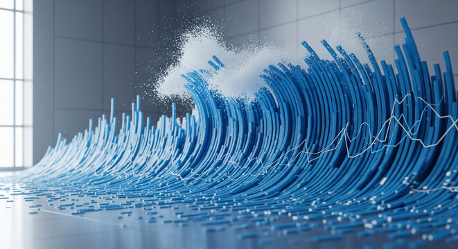 Data Wave: Abstract graphic depicts information as a dynamic, cresting wave, representing the fluidity and power of data analysis. - Powered by Adobe