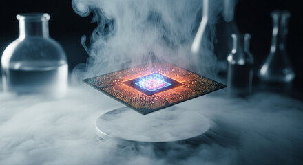 Central Processing Unit (CPU) : A mesmerizing image of a CPU, bathed in a celestial glow amidst ethereal clouds, surrounded by laboratory glassware.