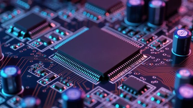 Close-up of a futuristic FPGA development board with glowing LEDs