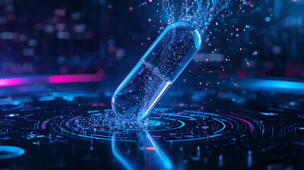 Futuristic transparent medicine capsule with glowing digital data particles.