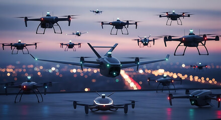 Multiple drones flying in formation over cityscape at dusk with lights on runway, showcasing modern technology and innovation in aviation and transportation