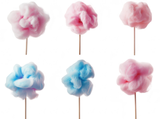 A colorful assortment of cotton candy in pink and blue hues displayed on wooden sticks against a plain white background. ideal for food-related themes or festive events
