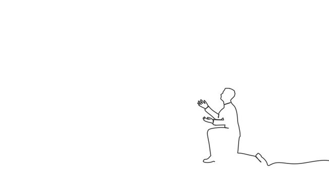 Silhouette of man in prayer pose. Man and symbol of yen currency. Concept of Japanese economy and finances. Continuous line drawing animation.