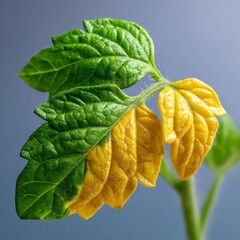 Vibrant green and yellow leaves on plant stem with blue background