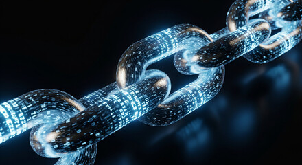 Blockchain Chainlink Digital: A close-up view of a glowing chain link, symbolizing the complex connectivity of blockchain technology.