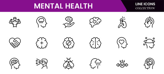 Mental health line icon set. Anxiety, stress, psychology, brain, etc, symbols  collection Vector illustration