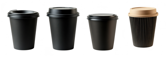 A collection of four stylish disposable coffee cups in various designs and colors. modern aesthetics for cafes. with a clean white background emphasizing their shapes