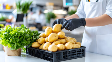 Chef preparing fresh potatoes and lettuce in a commercial kitchen setting